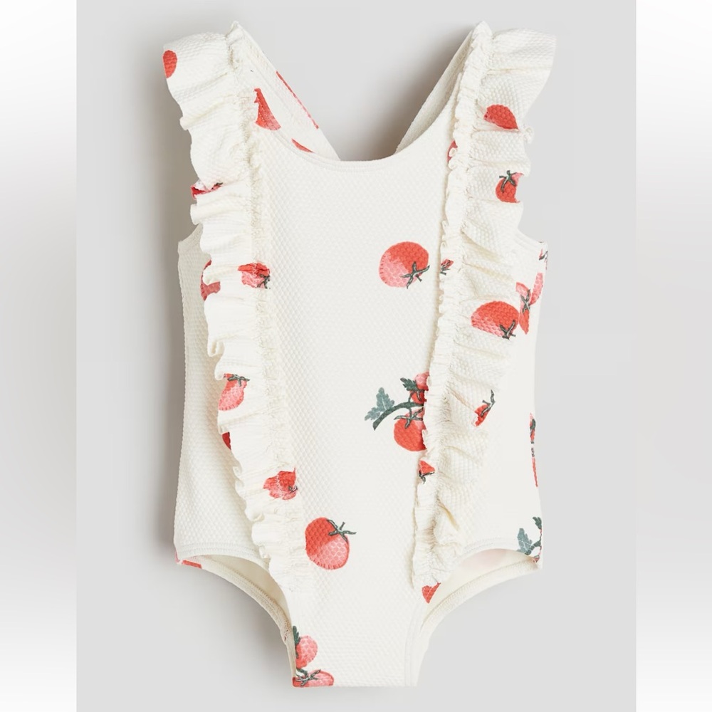 White Ruffled Swimsuit with Tomato Print 12-18 M